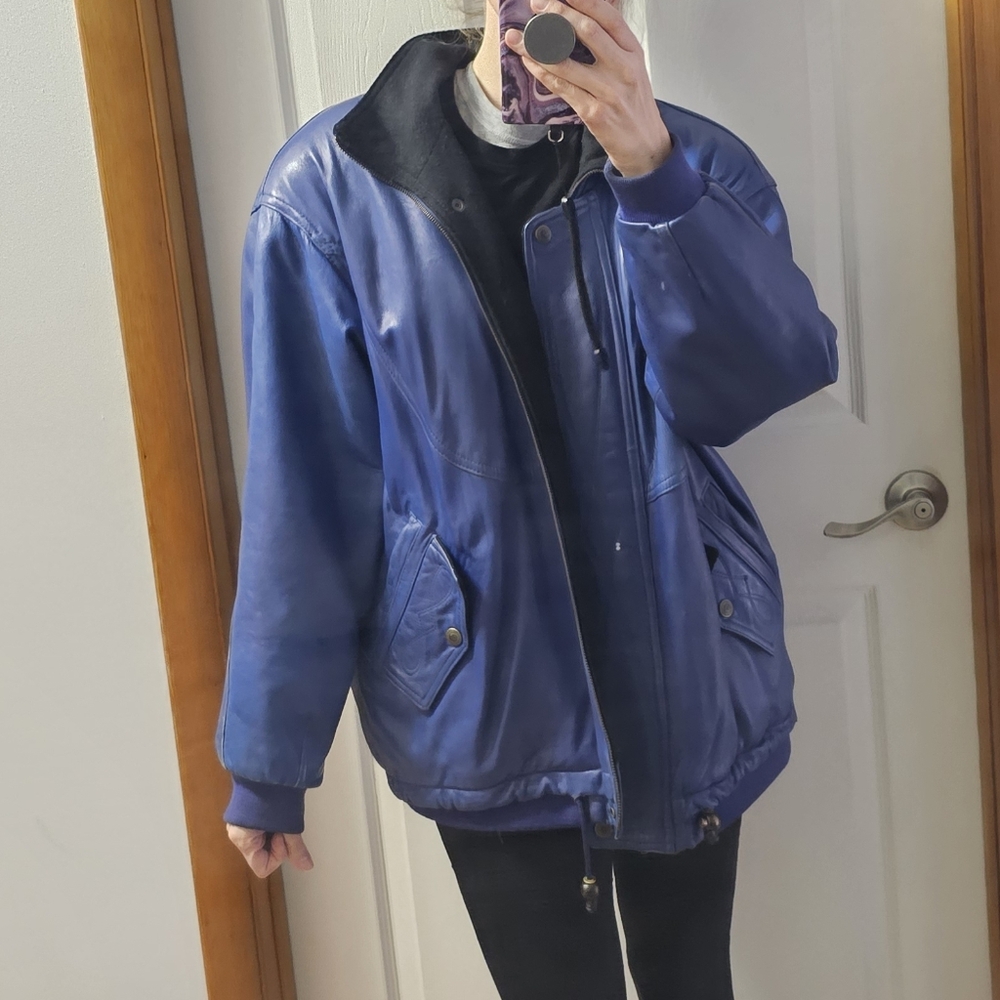 Vintage La Nouvelle Renaissance Playful Oversized Blue Leather Jacket  Large - Picture 3 of 14
